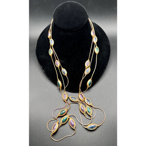 Vtg Casual Corner Multistrand Green Purple Blue Enamel Bead Necklace Gold Tone